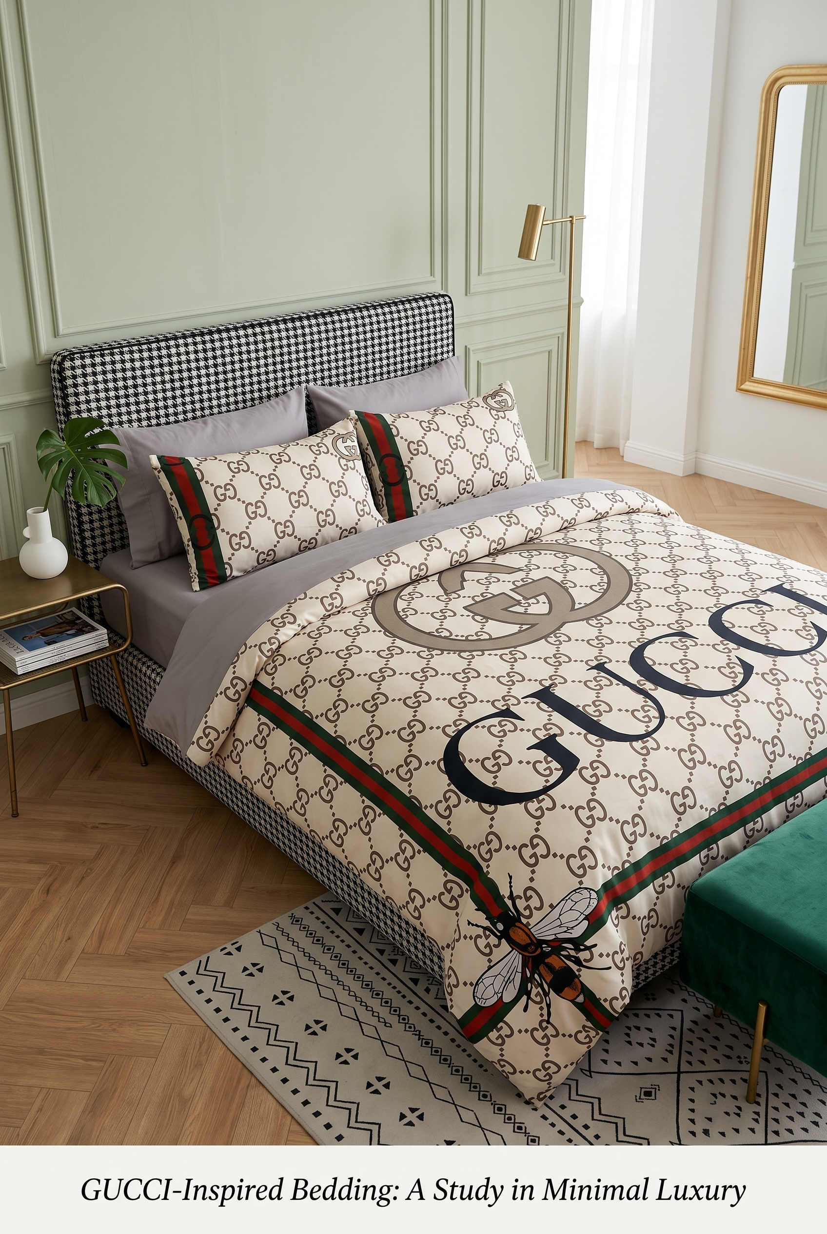 Luxury Gucci Inspired Duvet Cover & Pillowcase Set - Modern Bedroom Decor