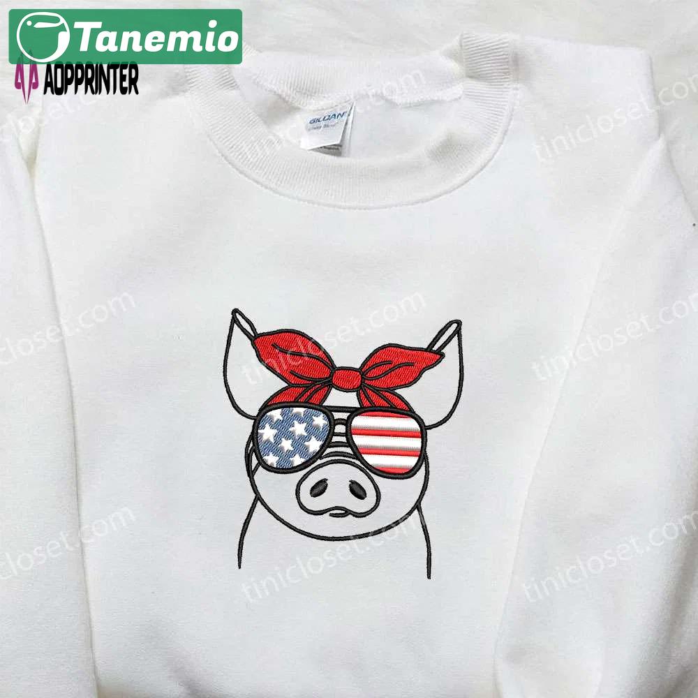 American piggy embroidered shirt: unique animal gift for national day Embroidered Shirt