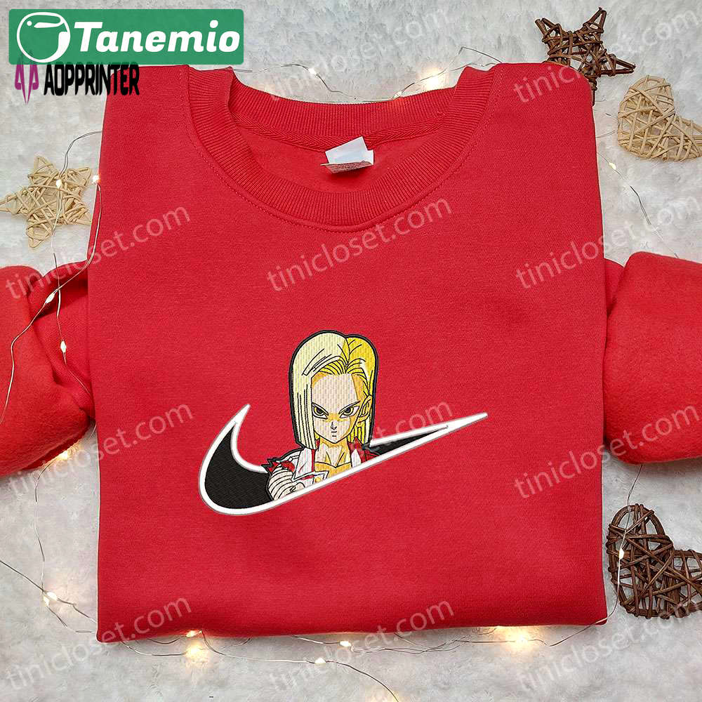 Anime embroidered shirt: android 18 x nike swoosh & dragon ball nike inspired design Embroidered Shirt