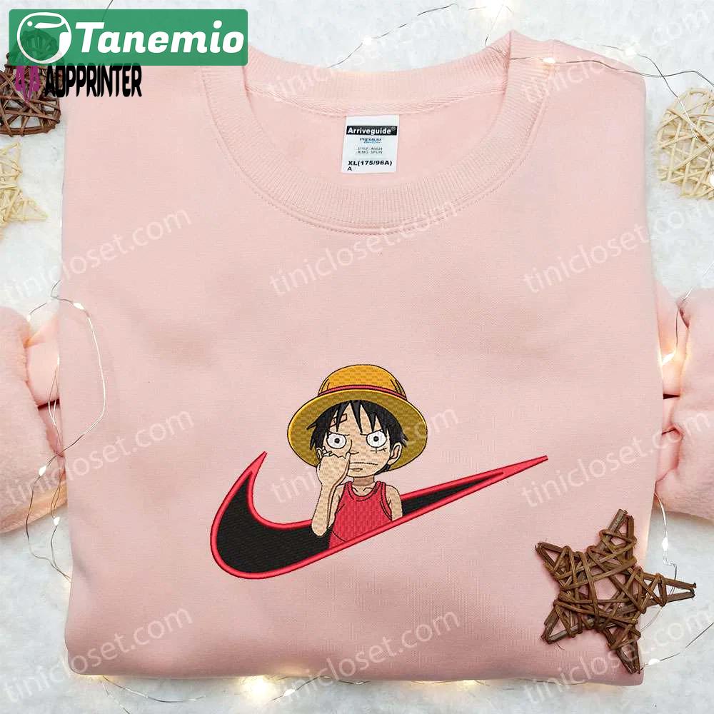 Anime embroidered shirt: monkey d luffy x nike swoosh one piece & nike inspired – shop now! Embroidered Shirt