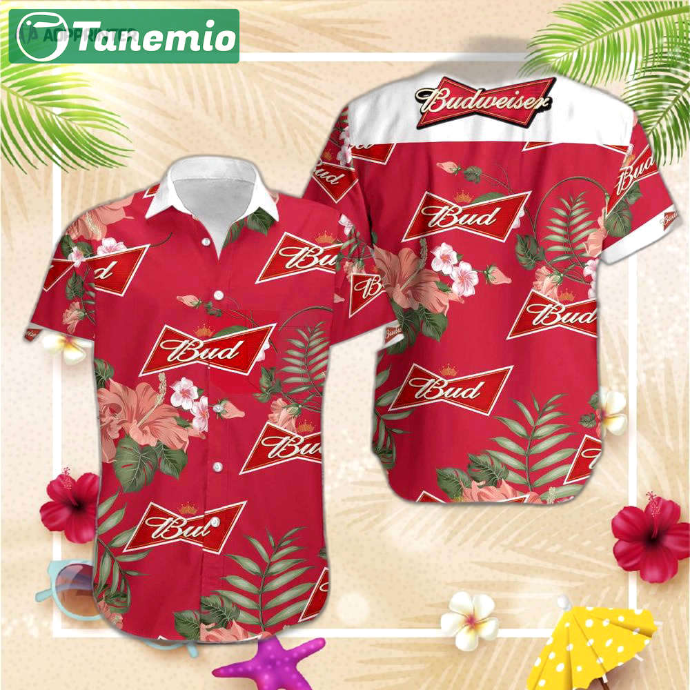 Beer hawaii shirt budweiser logo tropical hibiscus flower red hawaiian aloha shirt Hawaii Shirt
