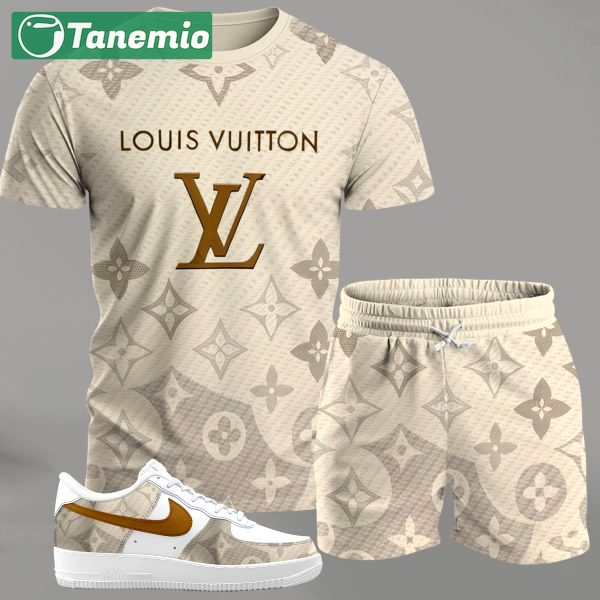 Beige monogram streetwear set for men, gradient pattern t-shirt and matching shorts with gold-accent sneakers T-Shirt Short Sneakers Set