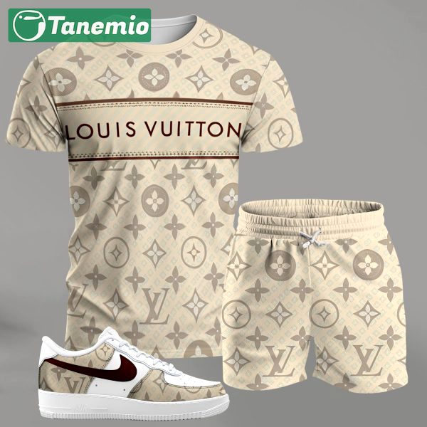 Beige monogram streetwear set for men, stripe-logo t-shirt and matching shorts with red-accent sneakers T-Shirt Short Sneakers Set