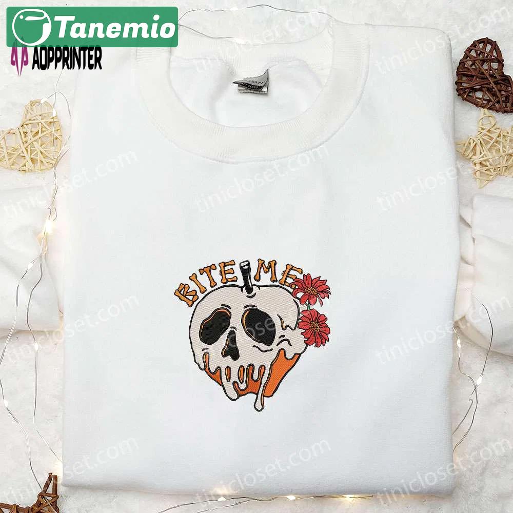 Bite me skull poison apple halloween embroidered shirt – best halloween gift for family Embroidered Shirt