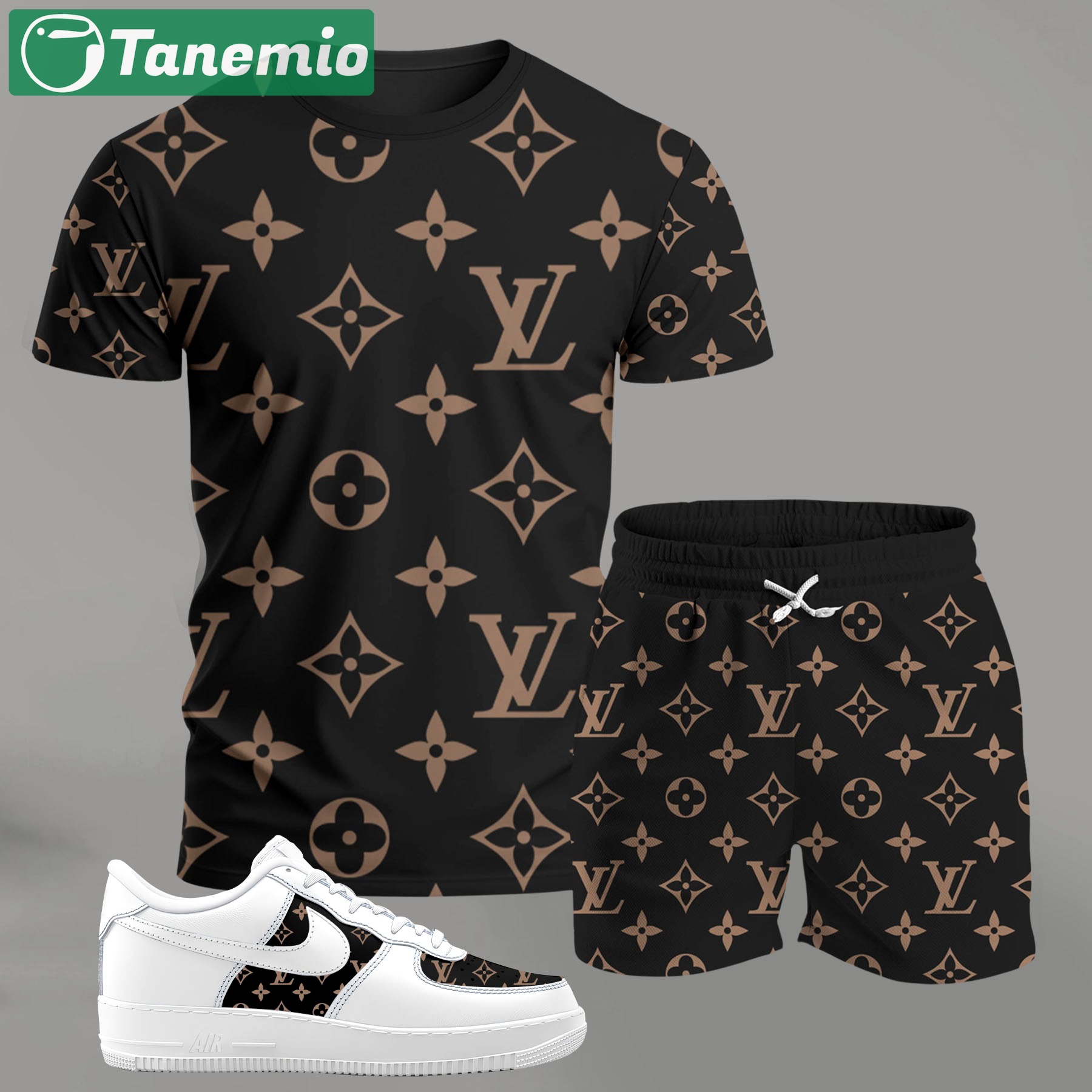 Black and brown monogram set for men, bold pattern streetwear t-shirt and shorts combo with matching sneakers T-Shirt Short Sneakers Set