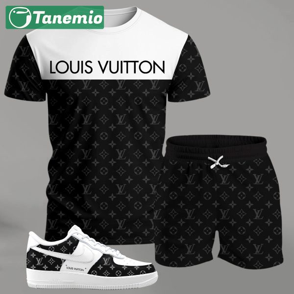 Black and white contrast streetwear set for men, split design t-shirt and monogram shorts with matching sneakers T-Shirt Short Sneakers Set
