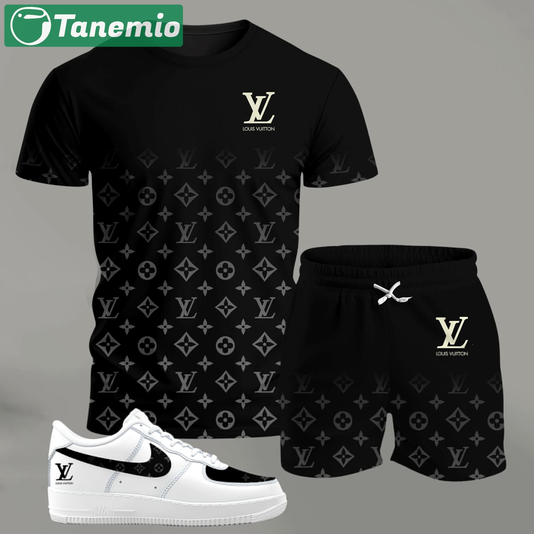 Black gradient monogram set for men, minimal luxury t-shirt and shorts combo with clean contrast sneakers T-Shirt Short Sneakers Set