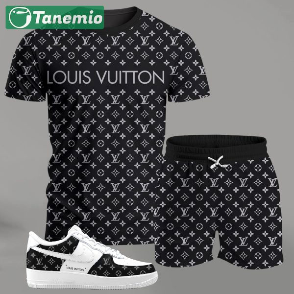 Black monogram streetwear set for men, all-over pattern t-shirt and shorts combo with white sneakers T-Shirt Short Sneakers Set
