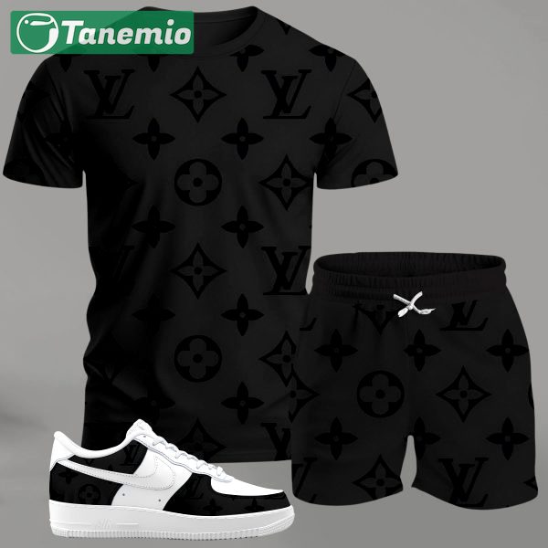 Black monogram streetwear set for men, minimalist all-over pattern t-shirt and shorts combo with white sneakers T-Shirt Short Sneakers Set