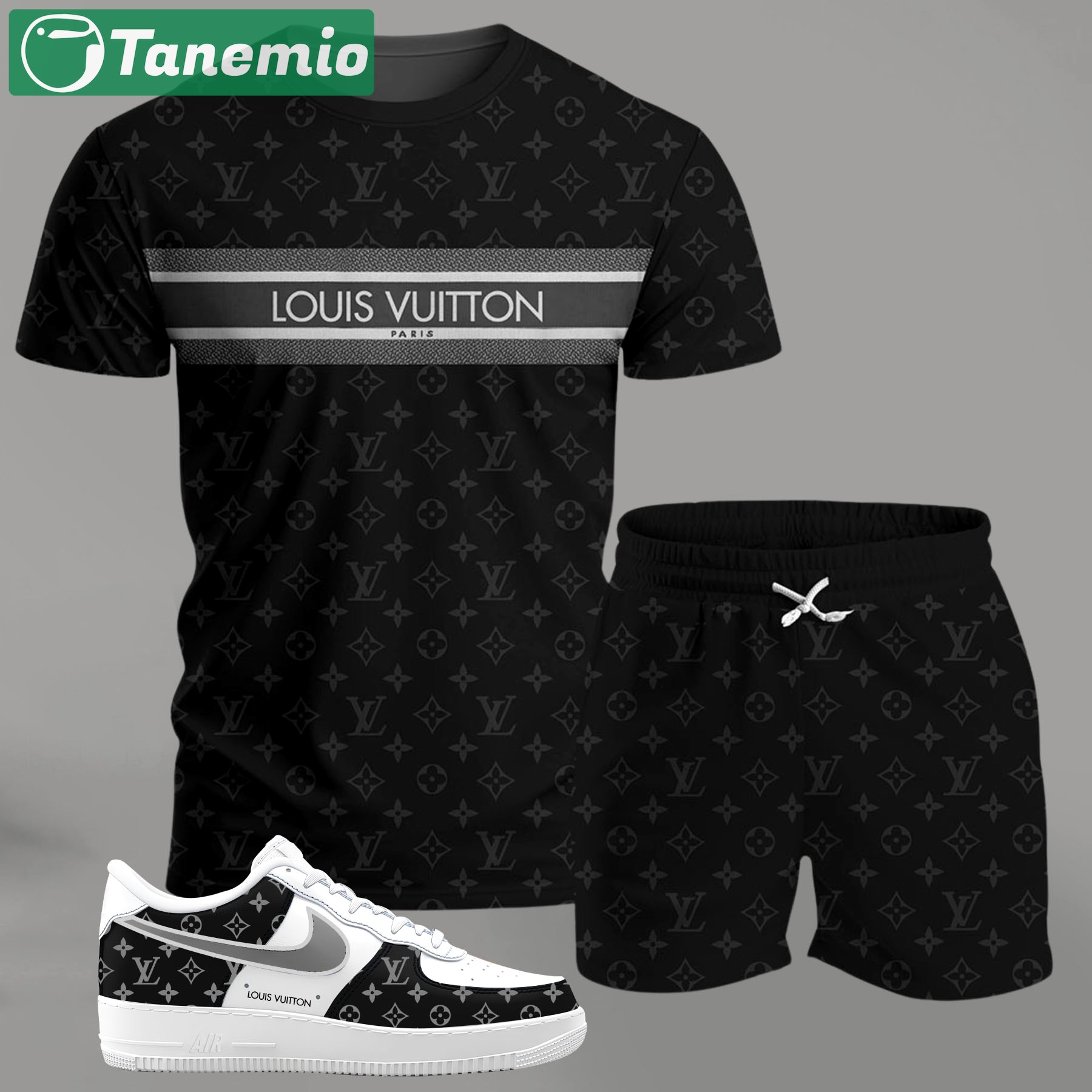 Black monogram stripe set for men, minimal patterned t-shirt and shorts combo with clean contrast sneakers T-Shirt Short Sneakers Set