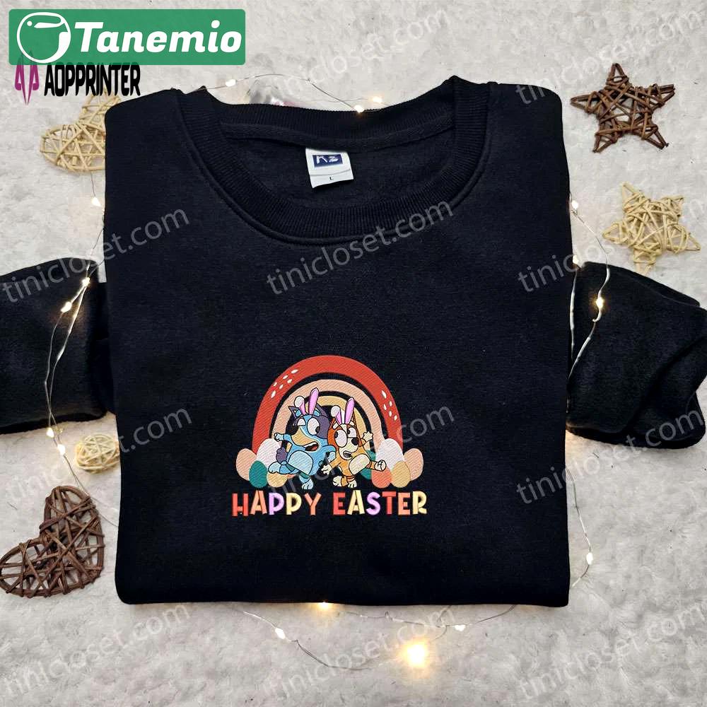 Bluey and bingo easter rainbow shirt & cartoon hoodie – perfect thanksgiving day gift idea Embroidered Shirt