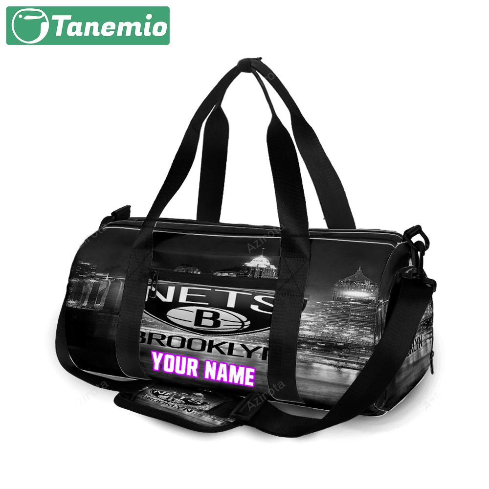 Brooklyn nets black white city personalized name travel bag gym bag 385 Travel Bag