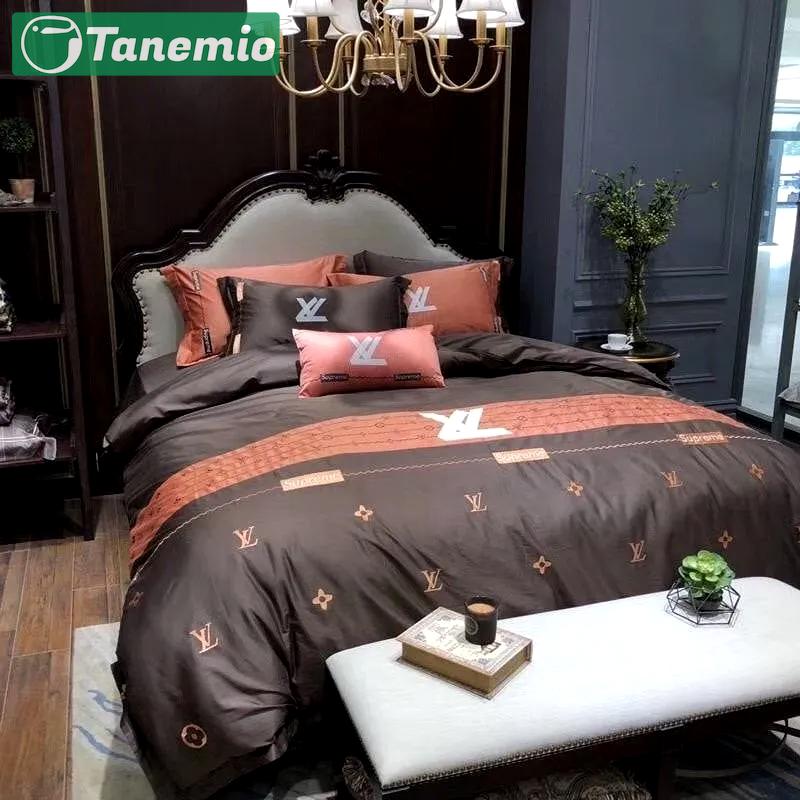 Brown louis vuitton bedding sets luxury brand bed sets, bedroom sets, comforter sets, duvet cover, bedspread for home decor trending 2023 for home Bedding Sets
