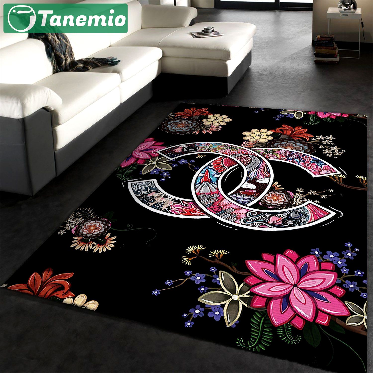 Chanel flowers art logo type 569. Upgrade Your Living Room with Luxury Home Decor: Area Carpets, Floor Decor, Door Mats, and Hot Gift Items with style a High-End Fashion Brand Rectangle Rug