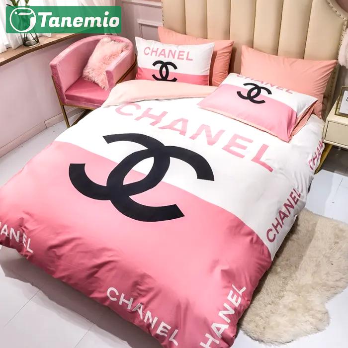 Chanel logo pink and white printed bedding sets sets duvet cover luxury brand bedding decor bedroom sets Bedding Sets
