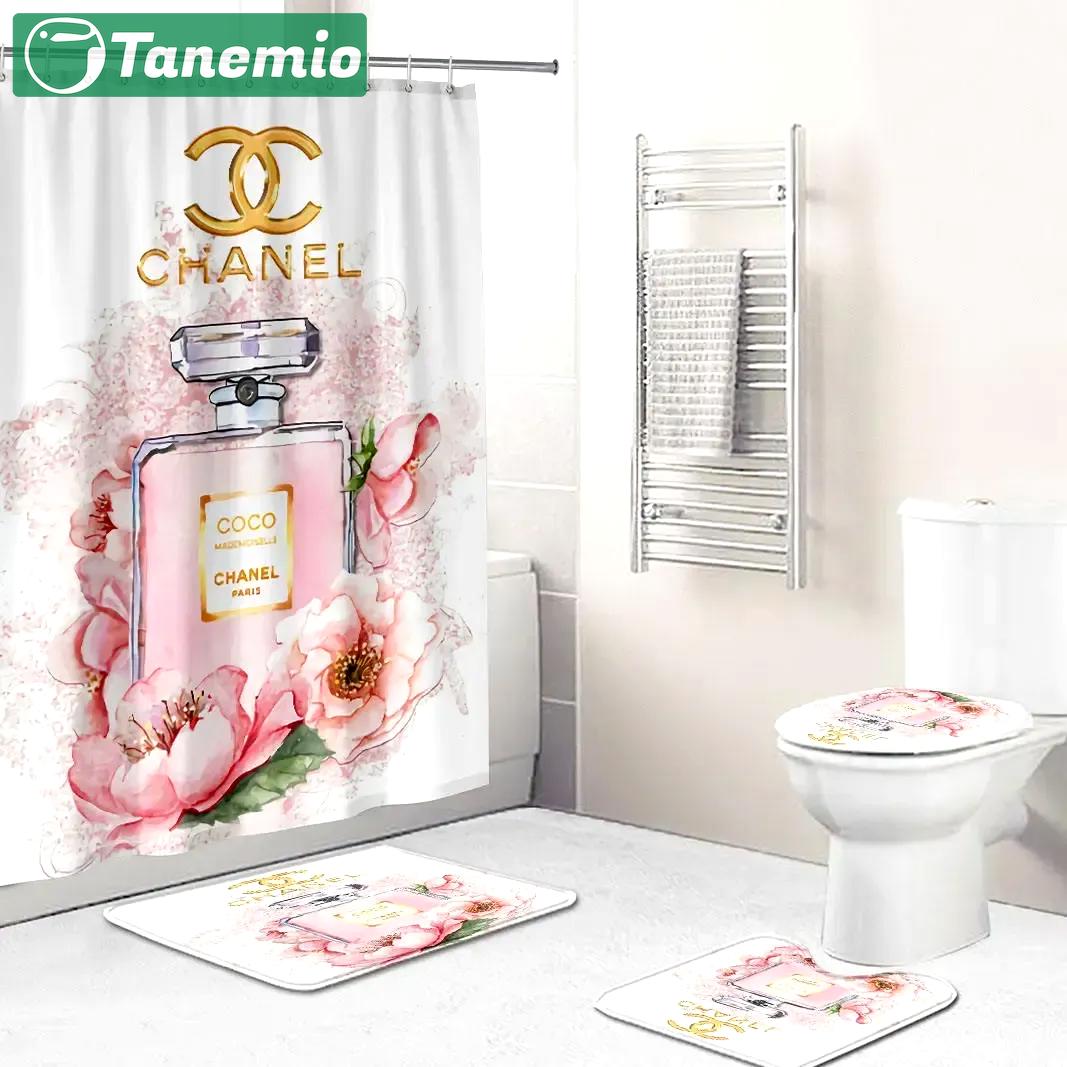 Chanel logo type 1021 Bathroom Accessory Sets Toilet Cover Pedestal Rug Luxury Fashion Brand Home Decor Bath Mat Set Waterproof Shower Curtain Bathroom Sets Hypebeast Bathroom