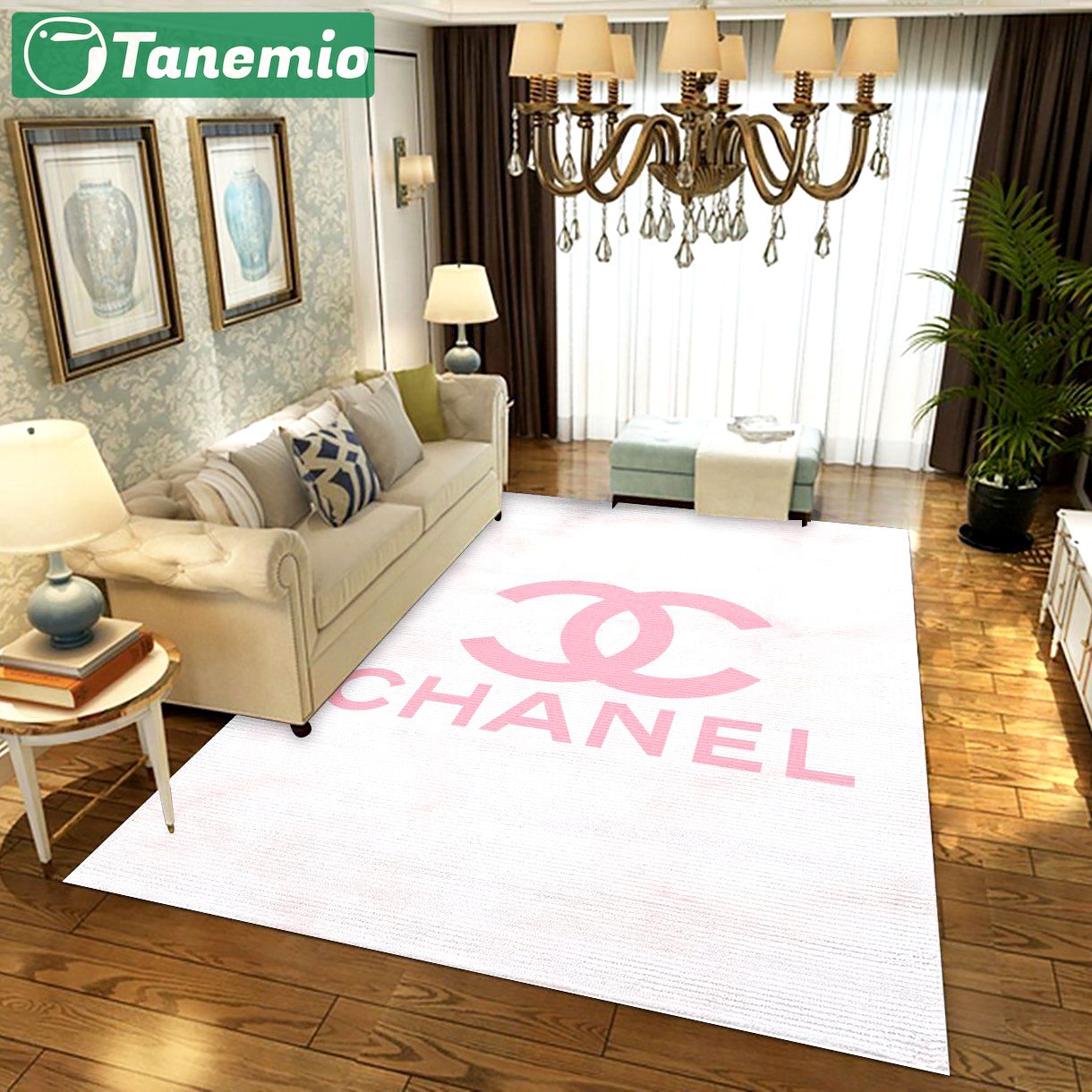 Chanel pinky logo type 562. Upgrade Your Living Room with Luxury Home Decor: Area Carpets, Floor Decor, Door Mats, and Hot Gift Items with style a High-End Fashion Brand Rectangle Rug