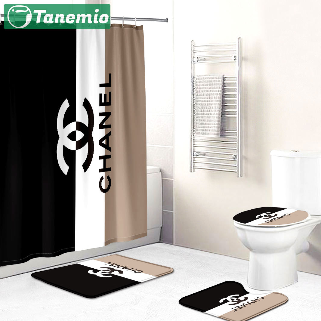 Chanel shower curtain black and white beige luxury bath mat sets shower curtain 15 Bathroom Set