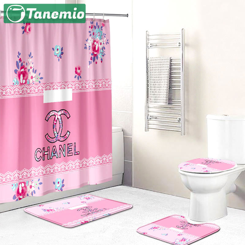 Chanel shower curtain pink and flowers luxury bath mat sets shower curtain 65 Bathroom Set