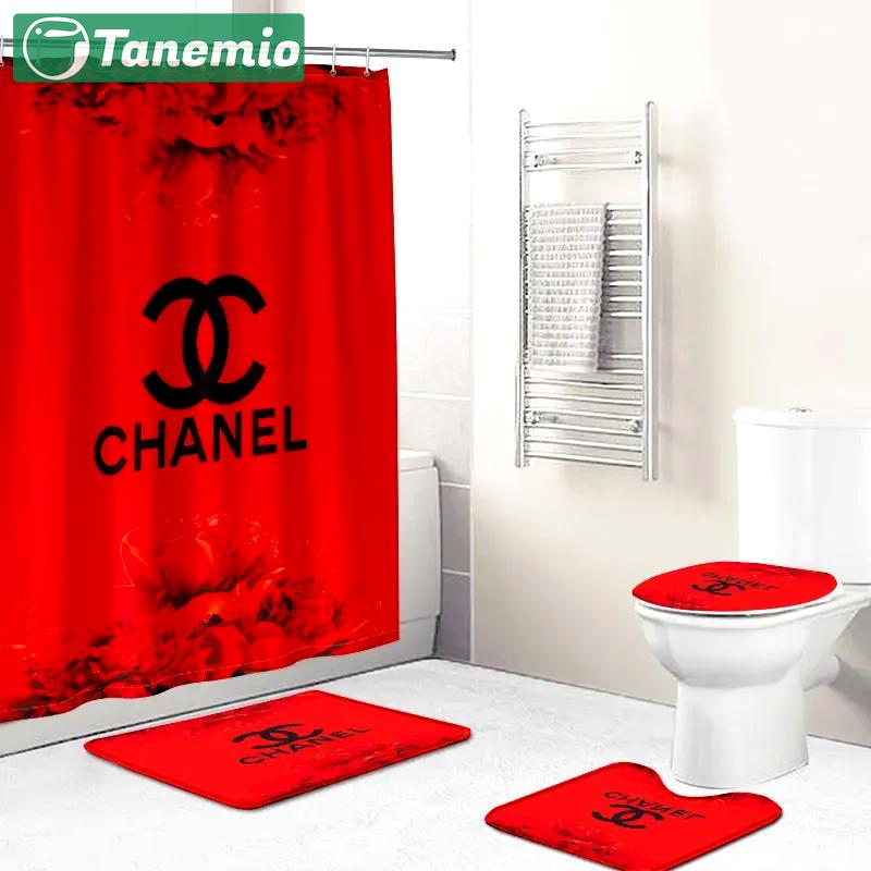 Chanel shower curtain red black logo stripe luxury bathroom set 73 Bathroom Set