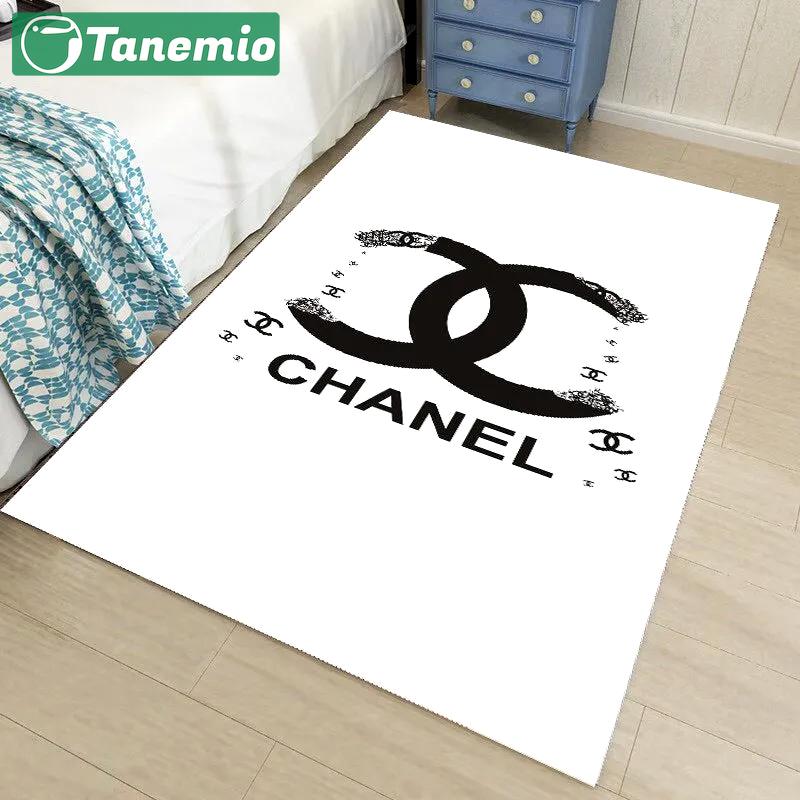 Chanel white logo type 1034. Upgrade Your Living Room with Luxury Home Decor: Area Carpets, Floor Decor, Door Mats, and Hot Gift Items with style a High-End Fashion Brand Rectangle Rug