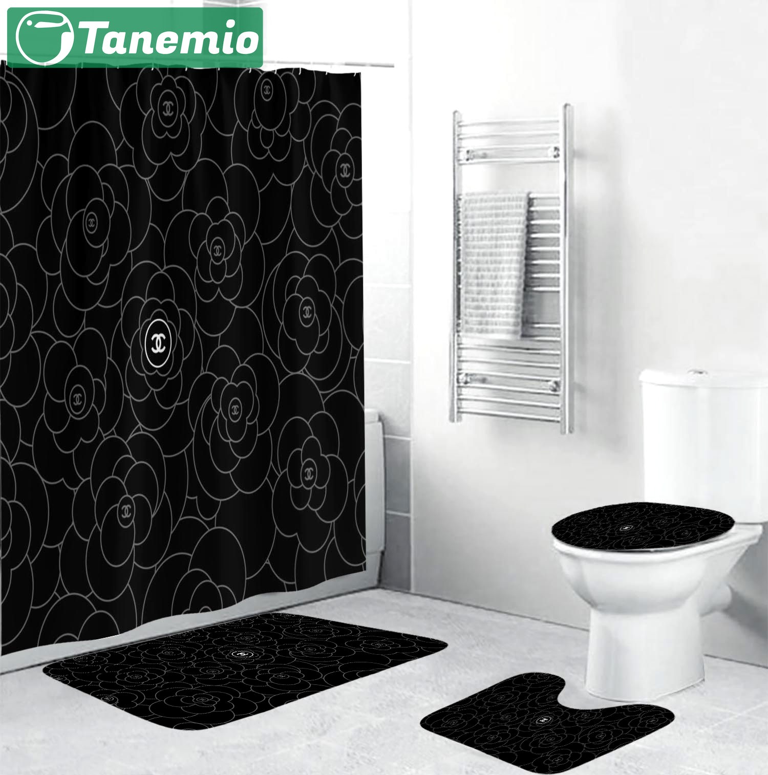 Chanel white signature flower in black background logo type 1342 Bathroom Accessory Sets Hypebeast Bathroom Bath Mat Set Luxury Fashion Brand Home Decor Bathroom Sets Waterproof Shower Curtain Pedestal Rug Toilet Cover