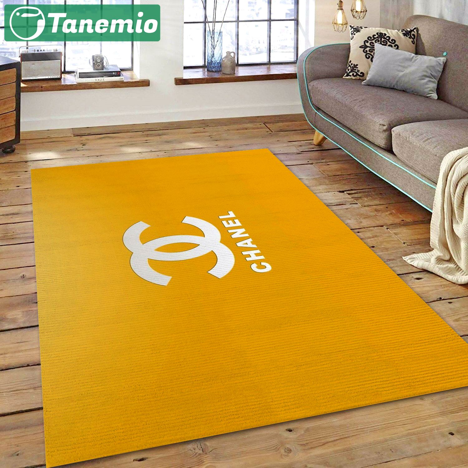 Chanel yellow logo type 565. Upgrade Your Living Room with Luxury Home Decor: Area Carpets, Floor Decor, Door Mats, and Hot Gift Items with style a High-End Fashion Brand Rectangle Rug