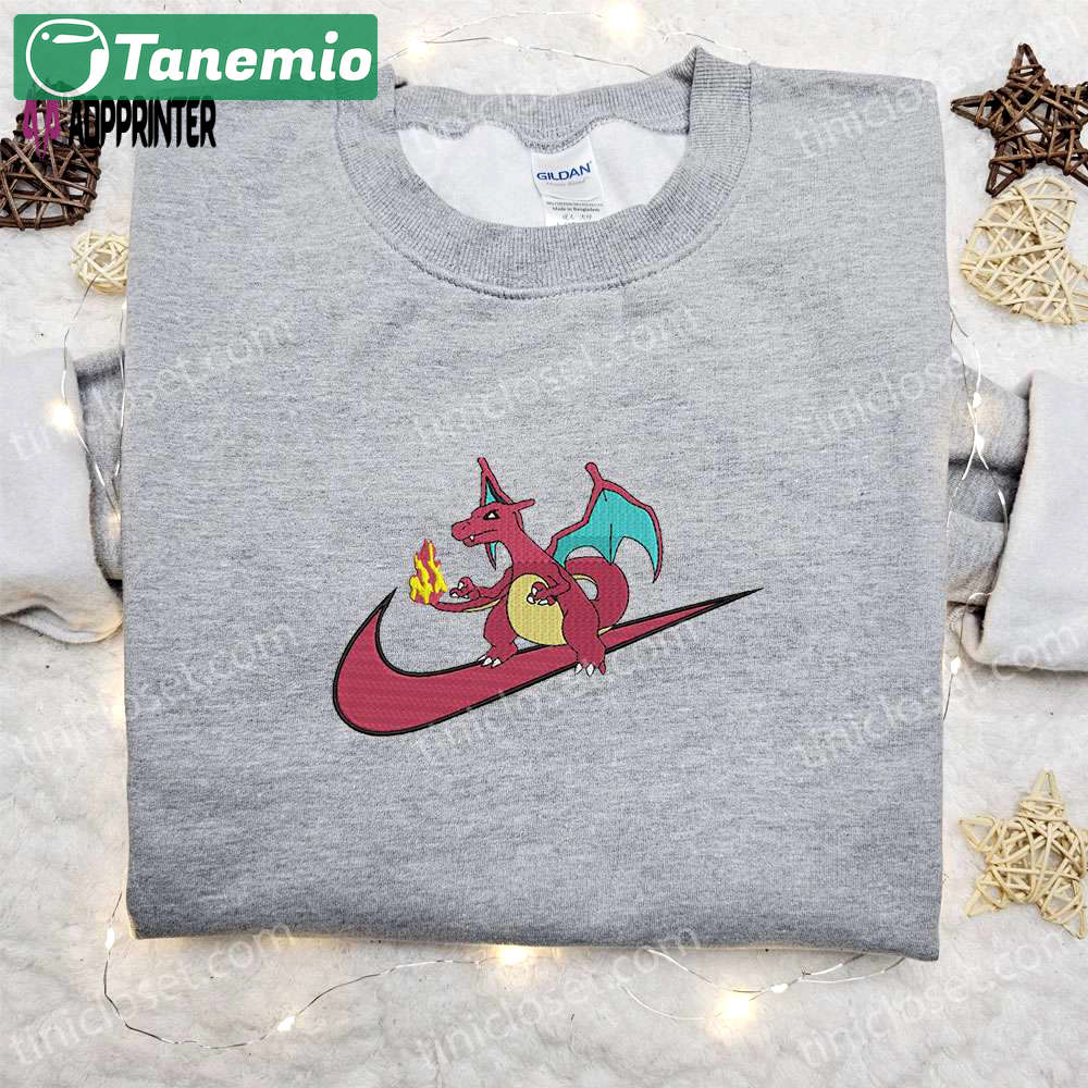 Charizard x nike anime sweatshirt pokemon & nike inspired embroidered shirt Embroidered Shirt