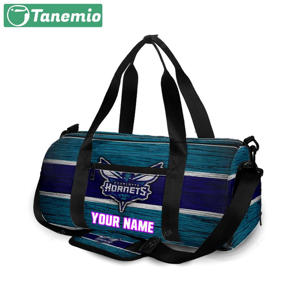 Charlotte hornets navy blue wood personalized name travel bag gym bag 867 Travel Bag