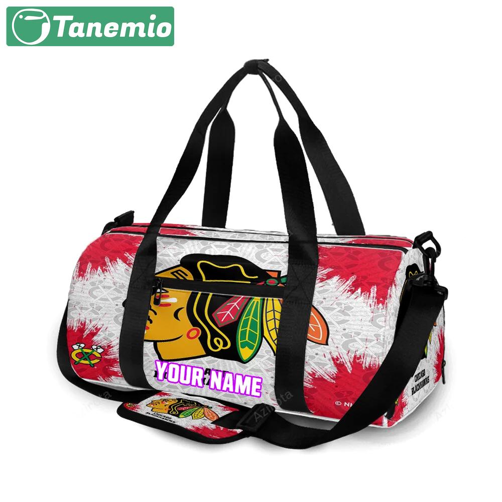 Chicago blackhawks emblem brush texture personalized name travel bag gym bag 541 Travel Bag