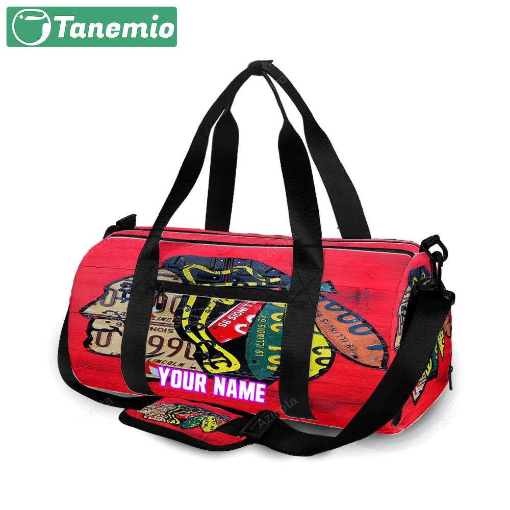 Chicago blackhawks emblem texture quote personalized name travel bag gym bag 26 Travel Bag