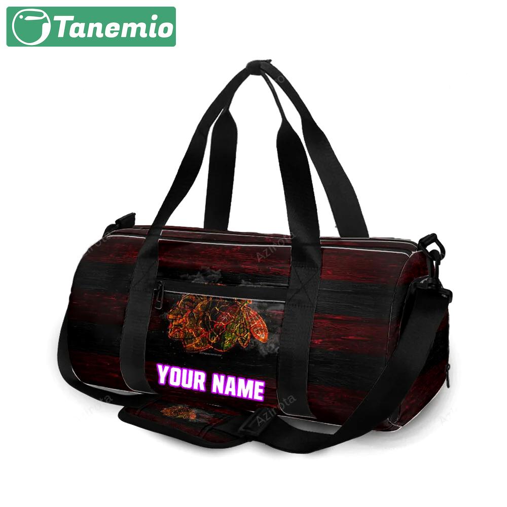 Chicago blackhawks emblem wood burning personalized name travel bag gym bag 320 Travel Bag