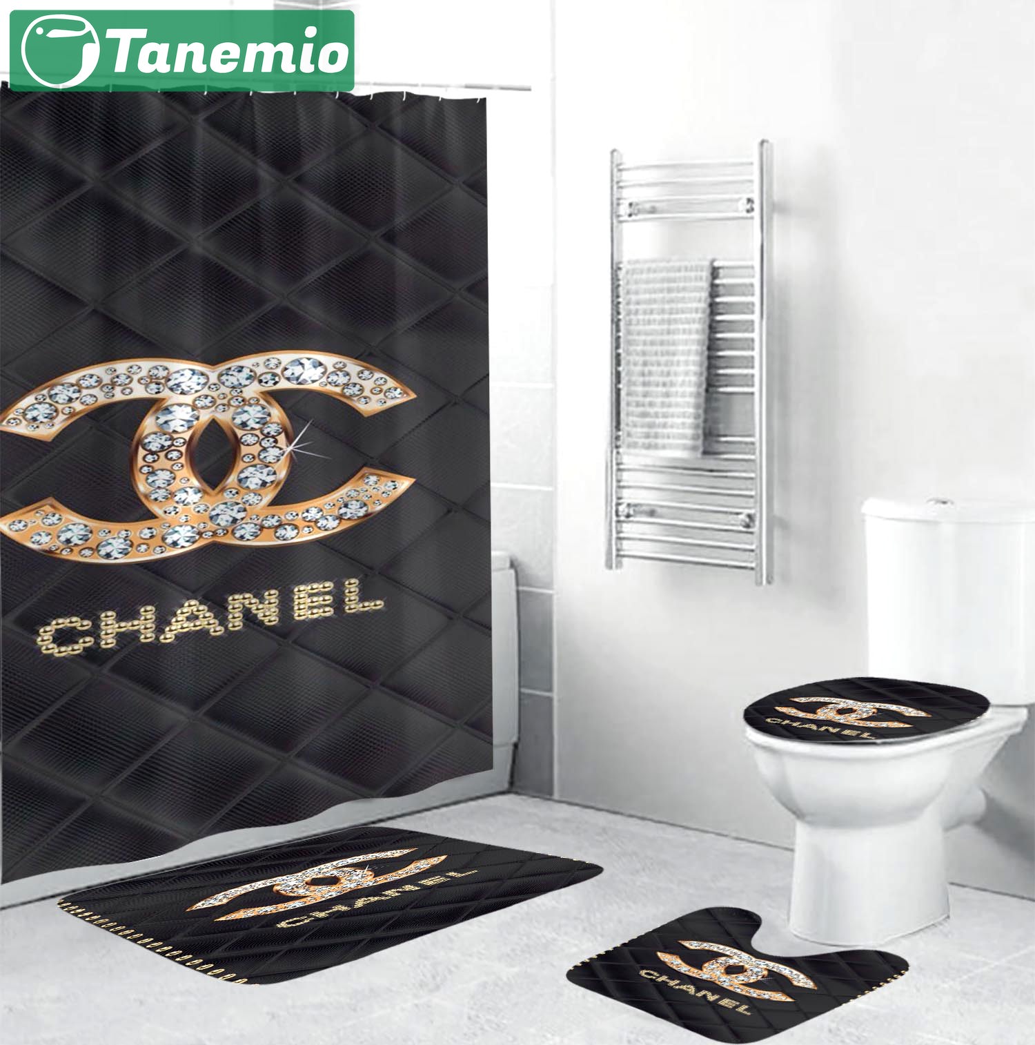 Coco chanel goldenwith full of diamonds in argyle background logo type 1349 Bathroom Accessory Sets Hypebeast Bathroom Bath Mat Set Home Decor Toilet Cover Luxury Fashion Brand Bathroom Sets Waterproof Shower Curtain Pedestal Rug