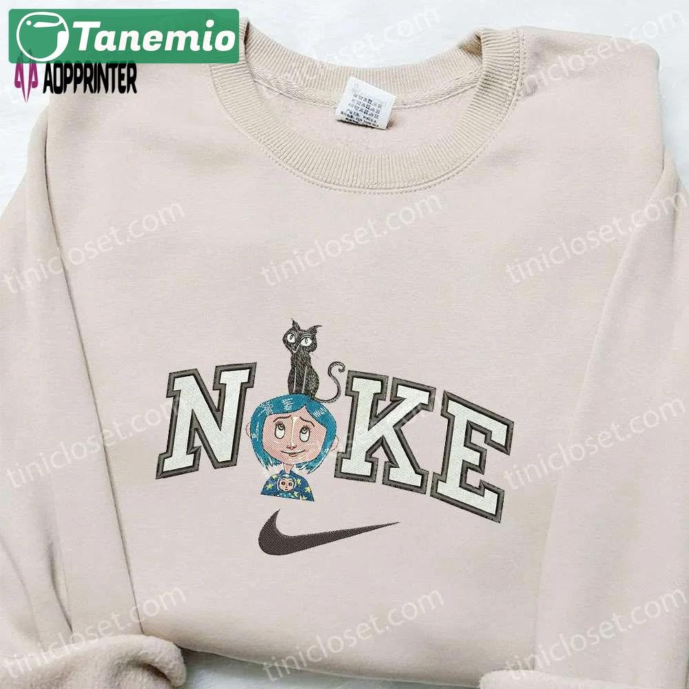 Coraline & cat x nike cartoon embroidered shirt – halloween & nike inspired design Embroidered Shirt