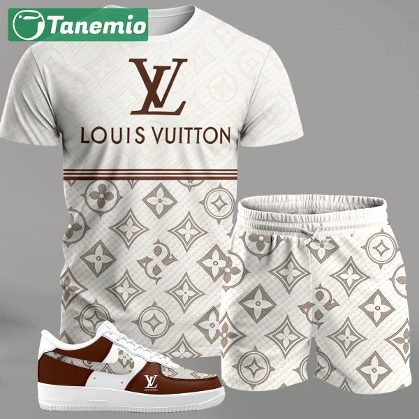 Cream monogram streetwear set for men, logo-print t-shirt and matching shorts with brown accent sneakers T-Shirt Short Sneakers Set