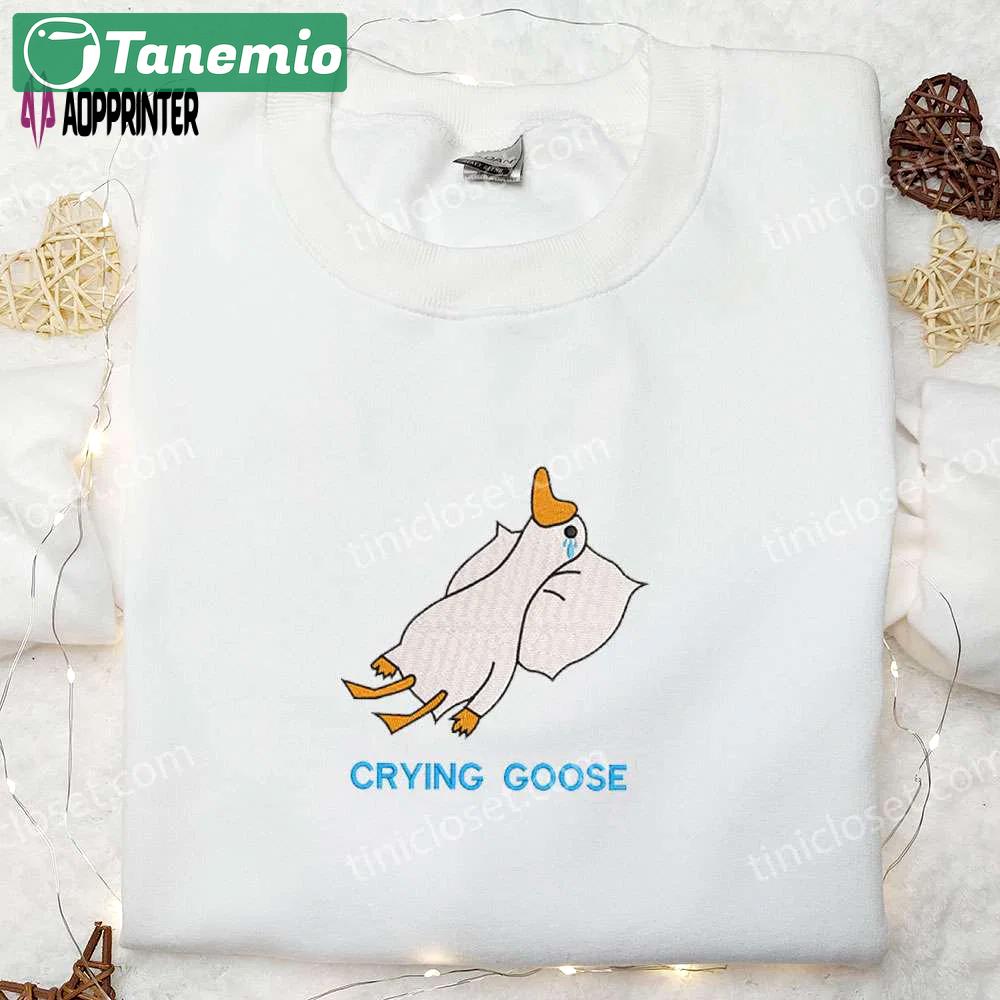 Crying silly goose embroidered shirt – funny animal design for a hilarious look Embroidered Shirt