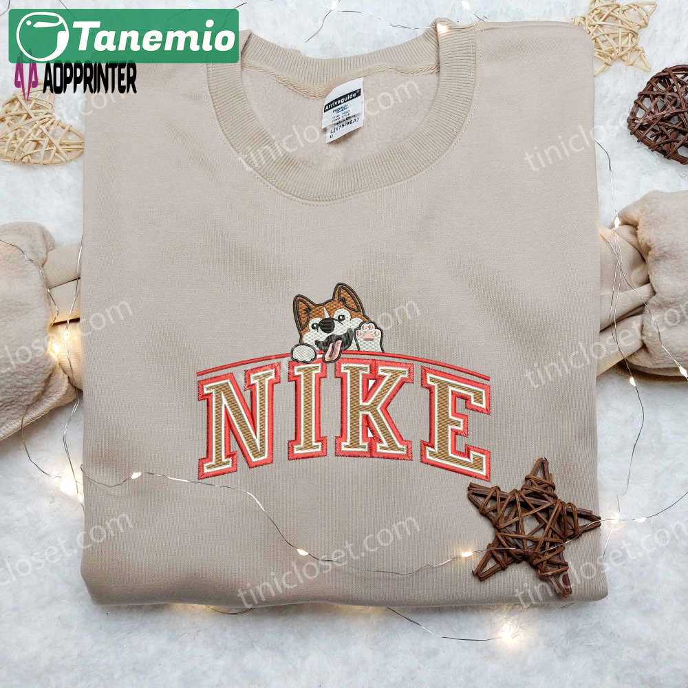 Custom corgi saying hi x nike embroidered shirt – animal embroidery for a unique look! Embroidered Shirt