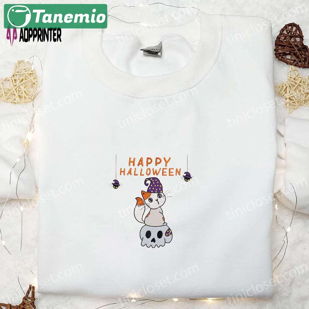 Cute happy halloween cat & skull embroidered shirt: best family gifts Embroidered Shirt