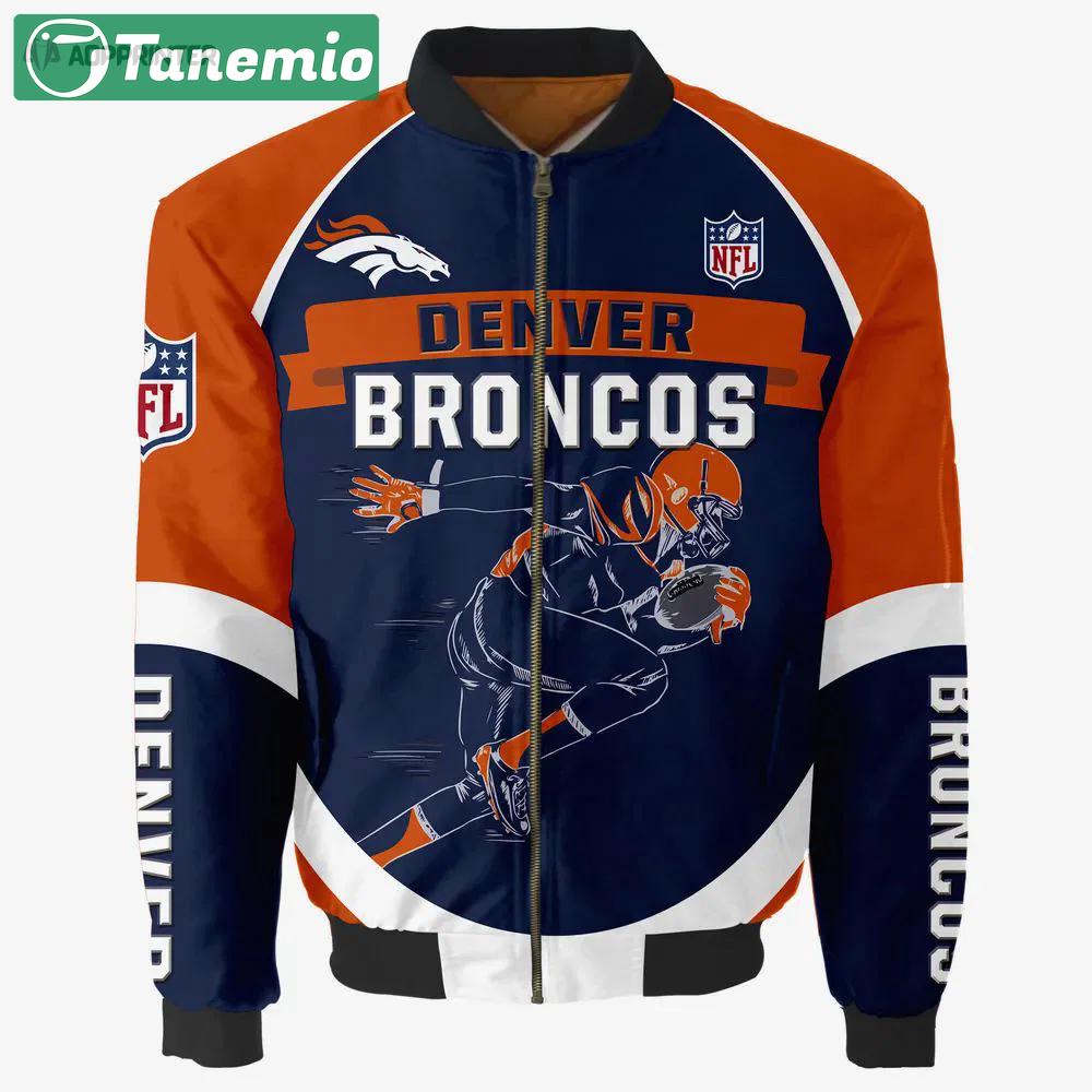 Denver broncos players running pattern bomber jacket – blue and orange Bomber Jacket