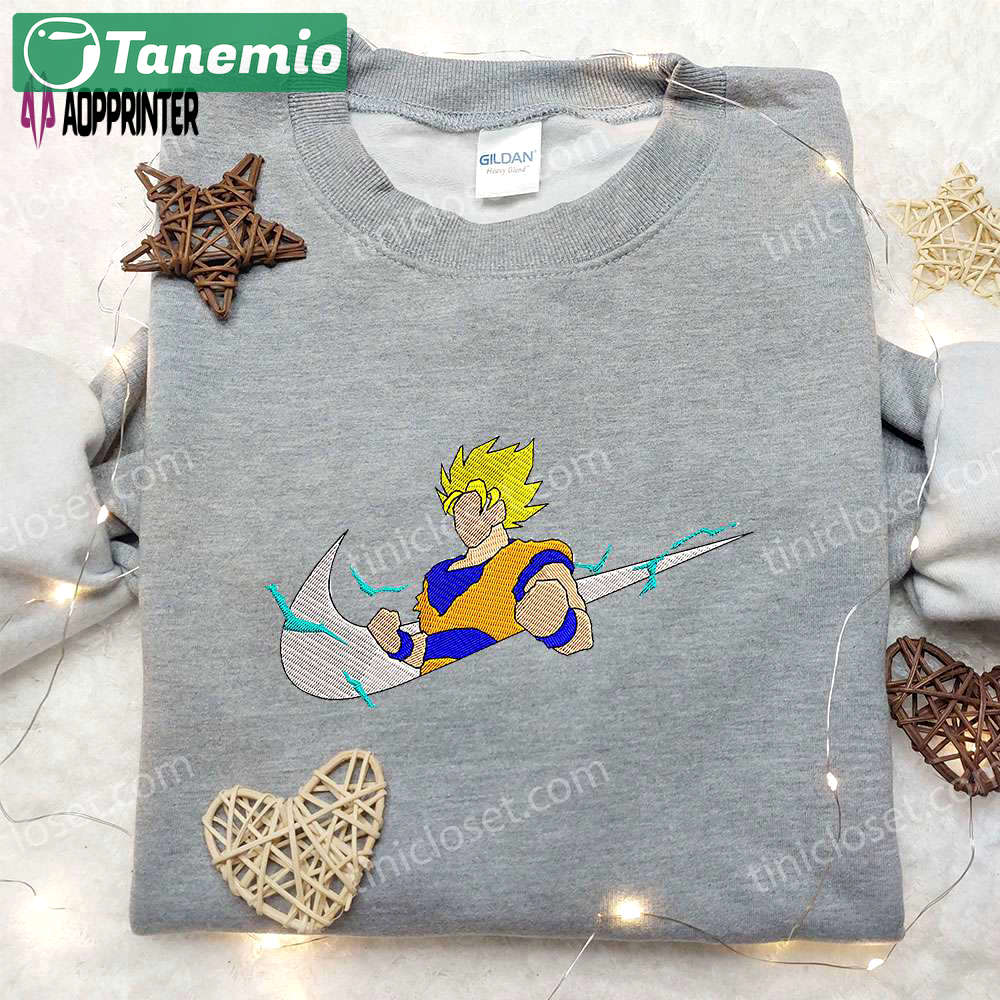 Dragon ball goku x nike swoosh: embroidered sweatshirt & shirt – nike inspired Embroidered Shirt