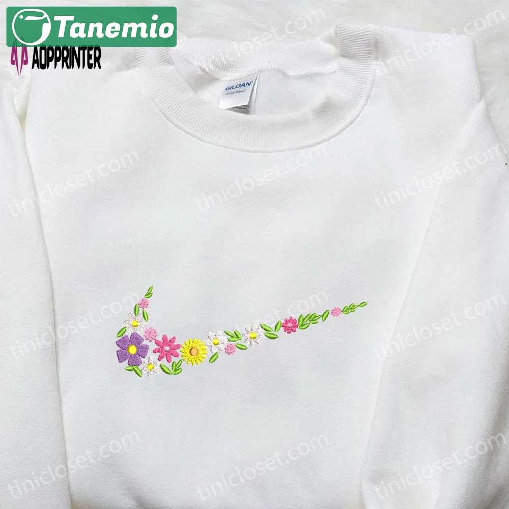 Flowers x nike swoosh embroidered shirt – nike inspired best gift for family Embroidered Shirt