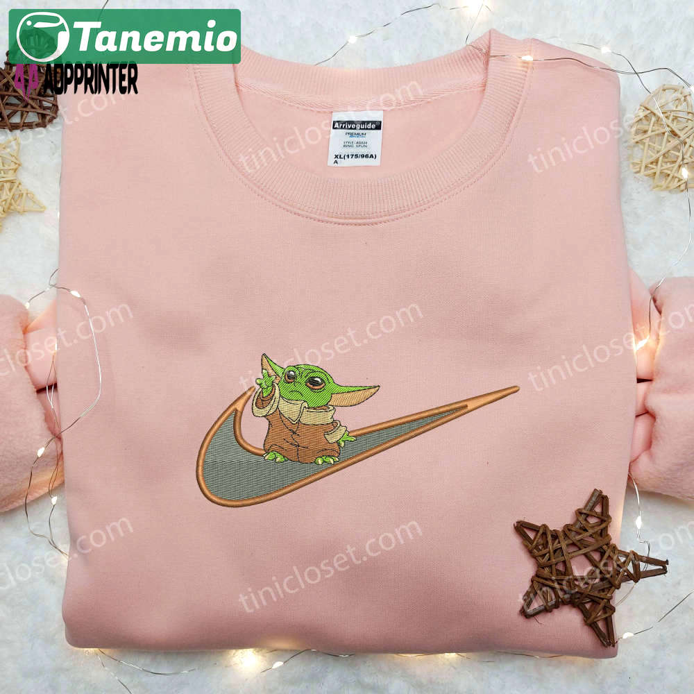 Flying baby yoda x nike embroidered shirt – custom cartoon star wars tee Embroidered Shirt