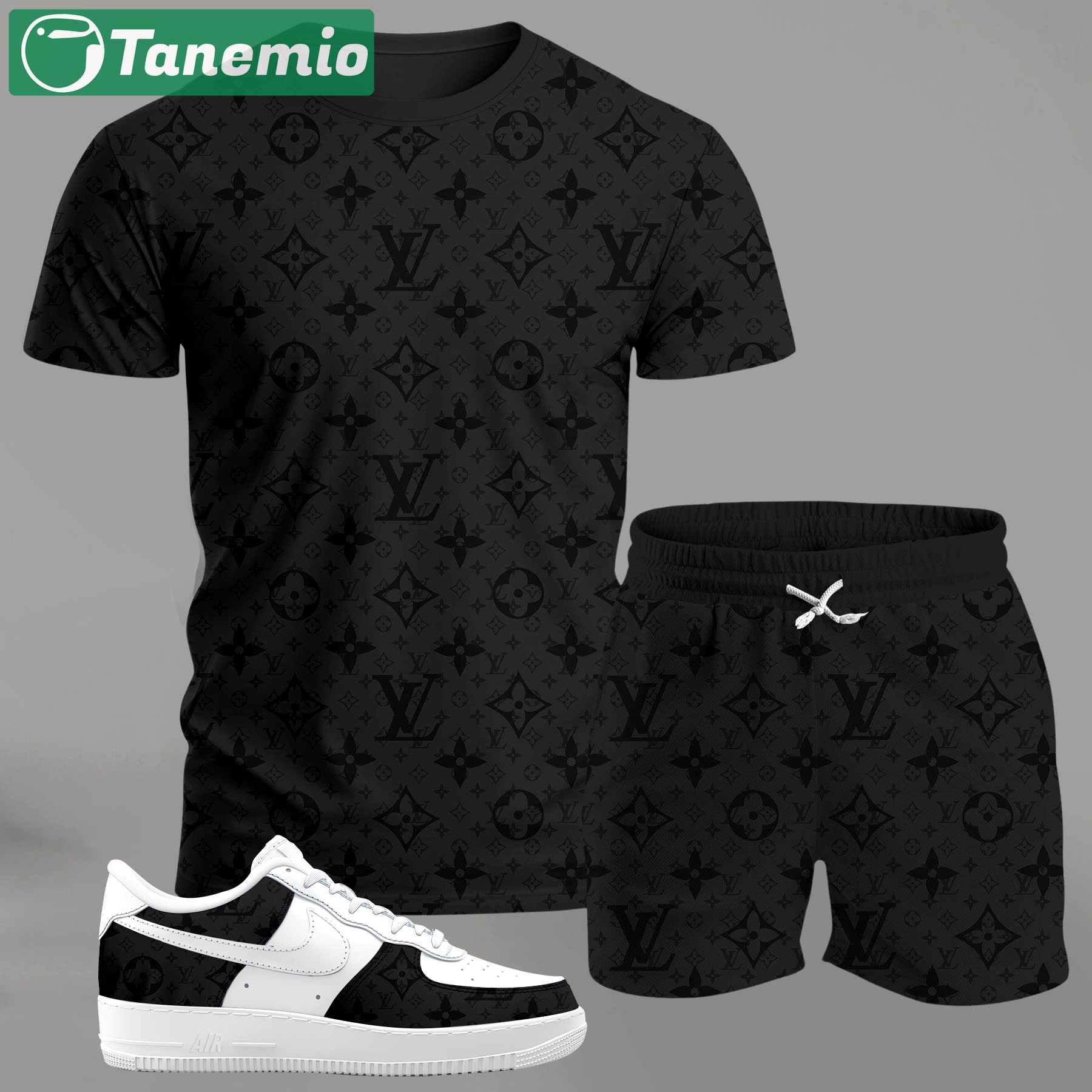 For the girls who love all-black minimal vibes, monogram graphic tee outfit t-shirt – dark tonal pattern | clean girl aesthetic outfit ideas T-Shirt Short Sneakers Set