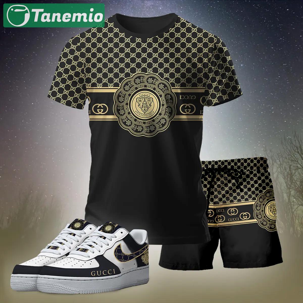 For the girls who love bold luxe black fits, minimal gold graphic tee outfit t-shirt – black monogram print | clean girl aesthetic outfit ideas T-Shirt Short Sneakers Set