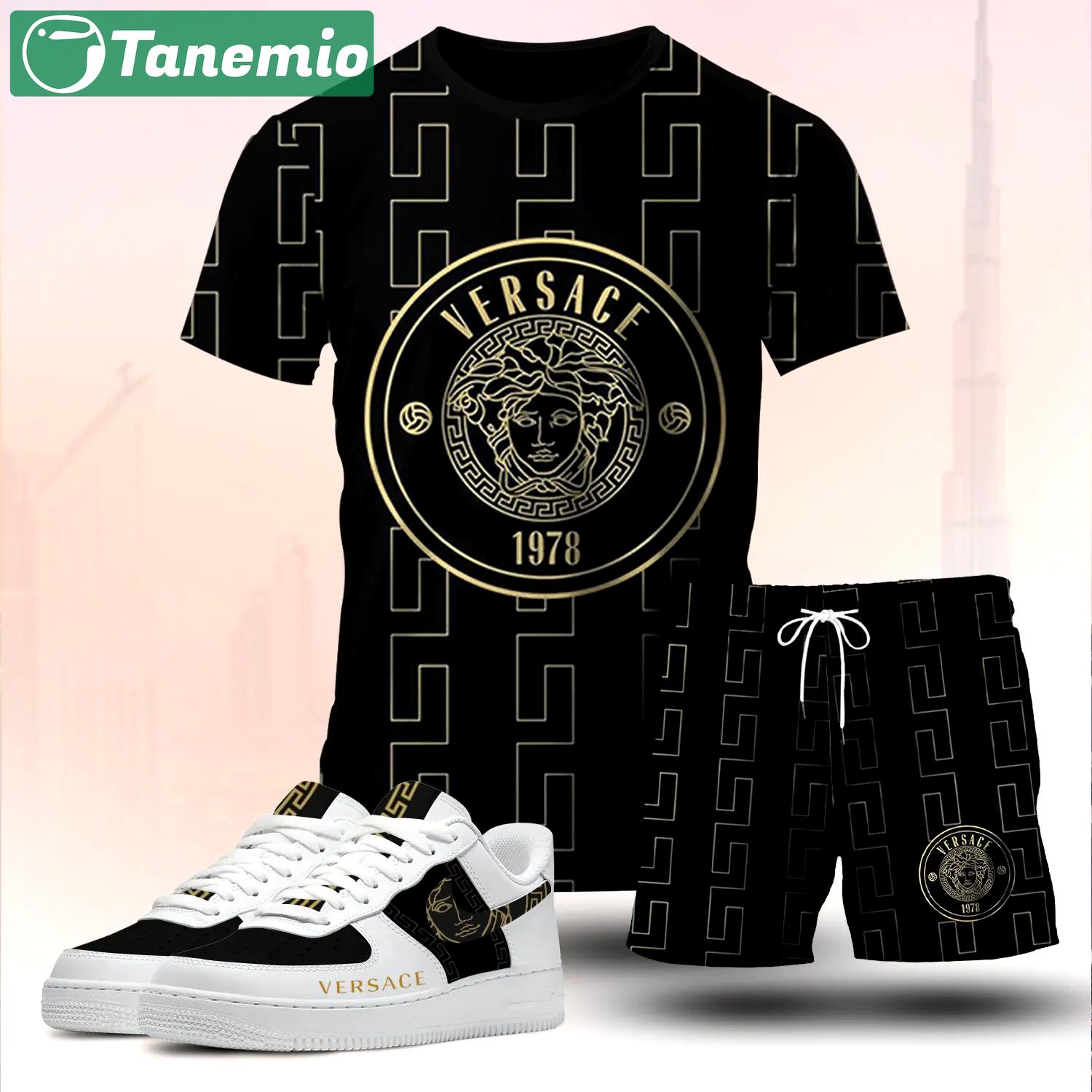 For the girls who love bold luxury streetwear, versace graphic tee set – black gold casual outfit with clean aesthetic T-Shirt Short Sneakers Set