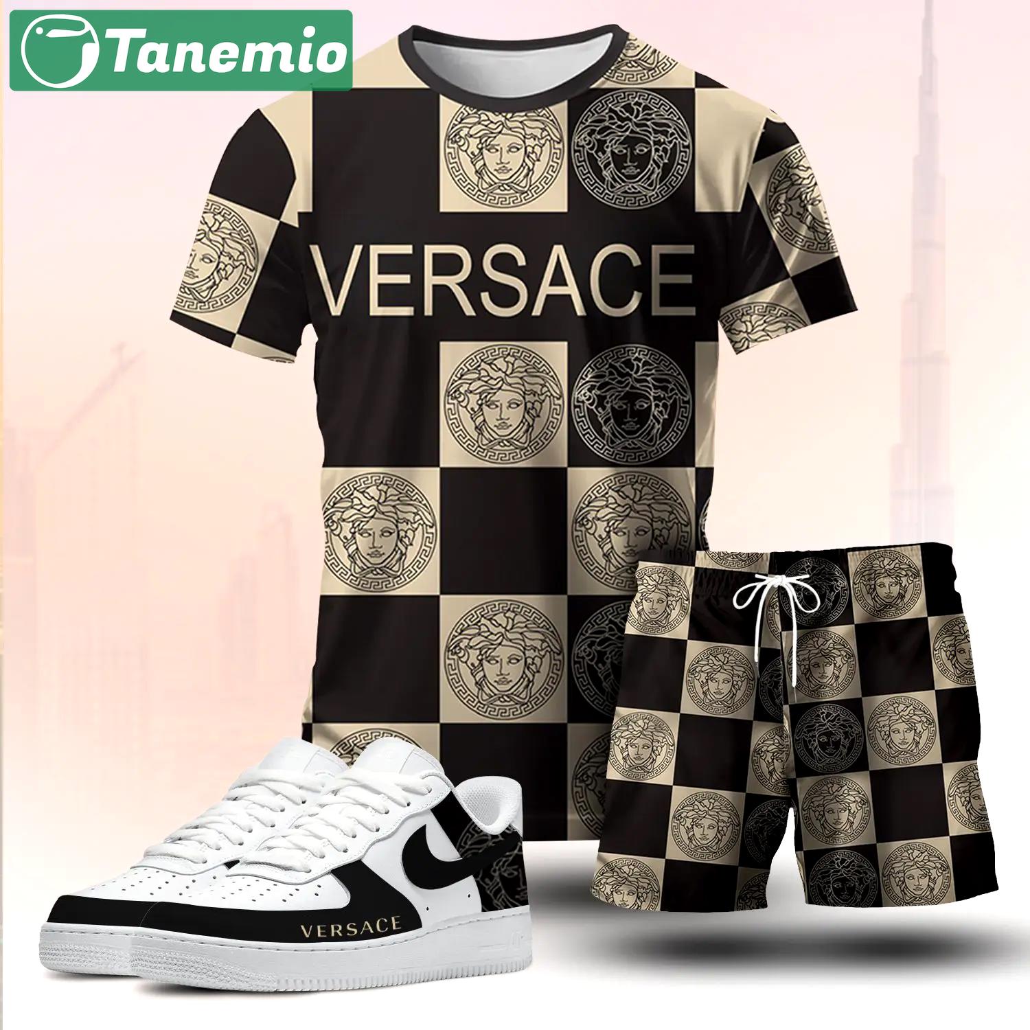 For the girls who love bold pattern streetwear, versace graphic tee set – black beige casual everyday outfit ideas T-Shirt Short Sneakers Set