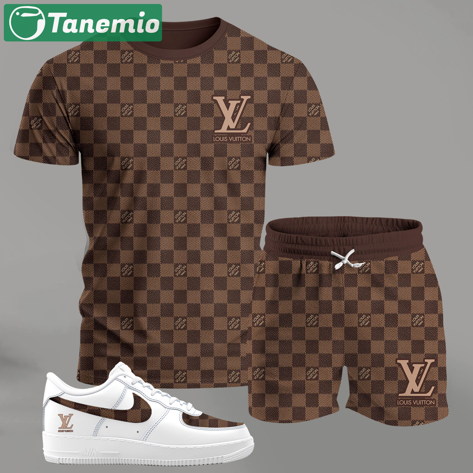 For the girls who love classic check patterns, brown all-over check outfit t-shirt set | minimal aesthetic everyday wear T-Shirt Short Sneakers Set