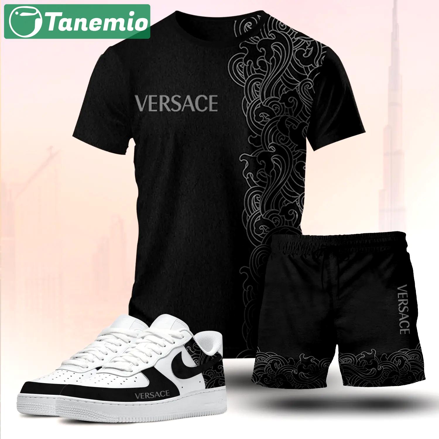 For the girls who love dark minimal streetwear, versace graphic tee set – black casual everyday outfit with luxury vibes T-Shirt Short Sneakers Set
