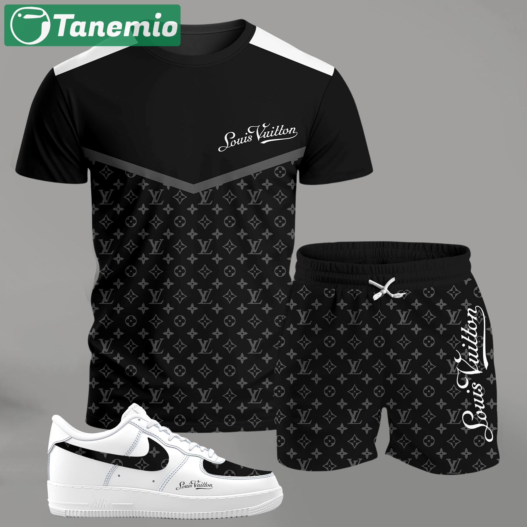 For the girls who love monochrome street style, black panel monogram outfit t-shirt set | minimal aesthetic everyday wear T-Shirt Short Sneakers Set