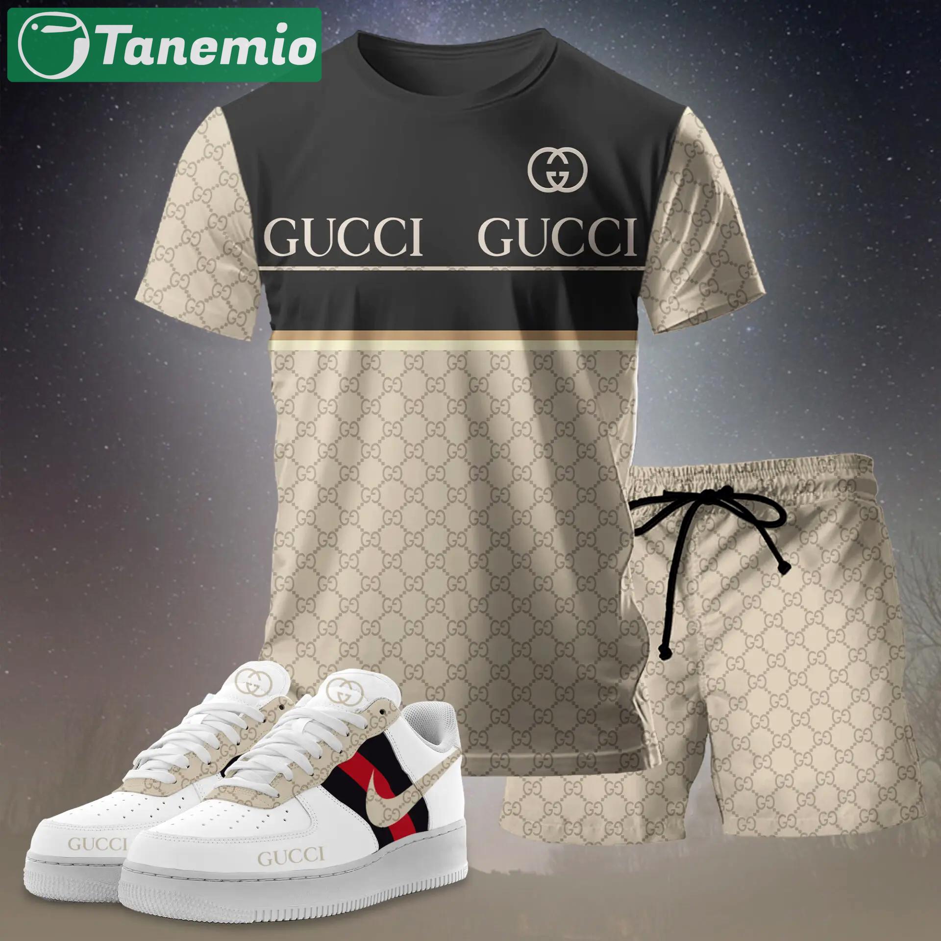 For the girls who love neutral contrast styling, minimal logo stripe tee outfit t-shirt – beige monogram and black panel | casual everyday outfit aesthetic ideas T-Shirt Short Sneakers Set